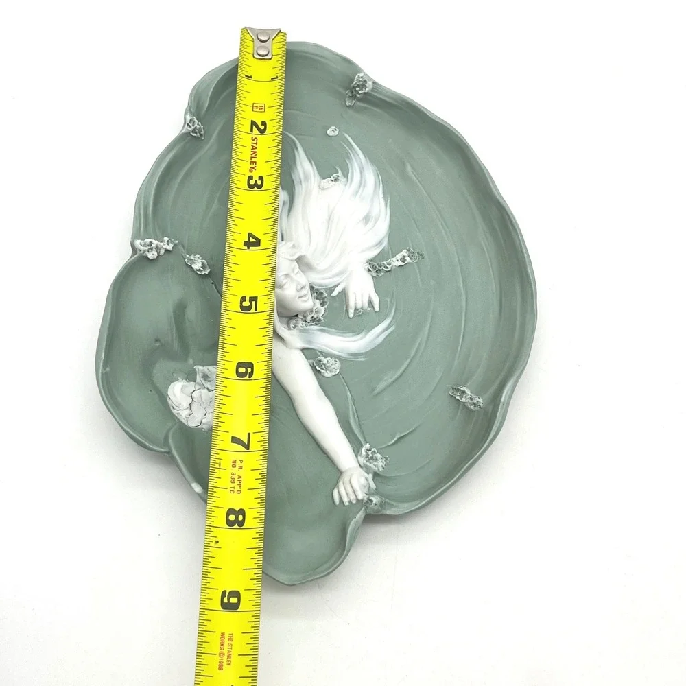 Art Nouveau Ceramic Maiden Lily Pad Tray Sage Green White Sculptural Relief 8.5